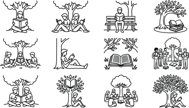 People reading books under trees, outdoor education, knowledge and leisure