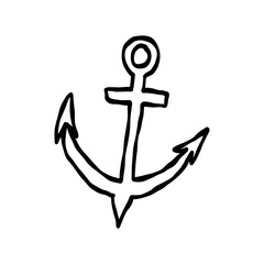 Hand drawn black doodle of a marine anchor isolated on white background. Minimalist line art vector illustration of nautical safety symbol. © Mariana