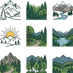 Obraz premium Nature Landscape Icons Set: Mountains, Forests, Rivers, Sun - Vector Graphics Collection