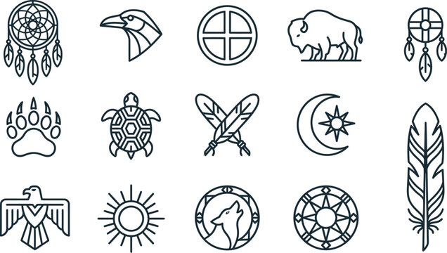Native American Tribal Symbols Icons Set: Dreamcatcher, Eagle, Buffalo, Wolf, Sun