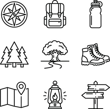 Outdoor Adventure Icons: Compass, Backpack, Water Bottle, Trees, Boots, Map, Lantern, Signpost