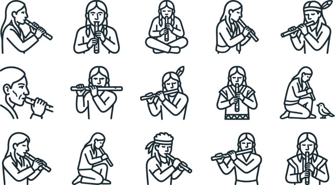 Native American Flute Player Icons Set - Indigenous Music and Culture