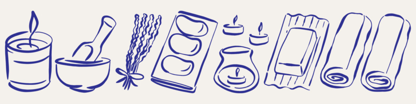 Spa elements scented candles, hot stones, towels, bar soap, flowers, fragrance. Simple hand drawn ink art vector for card decoration.