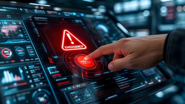 A hand pressing an emergency button on a futuristic control panel screen with warning lights and graphs