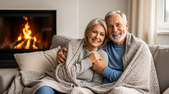 Smiling senior couple sitting on sofa wrapped in blanket by fireplace in cozy living room