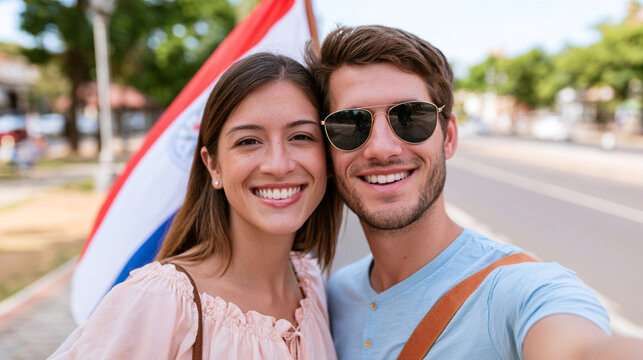 Happy Couple Taking Joyful Selfie with Paraguayan Flag on Landmark Avenue in Asuncion, Paraguay