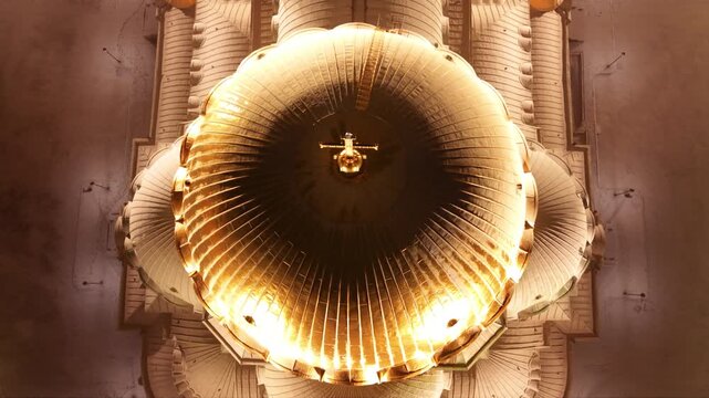 Cinematic aerial drone footage of the illuminated Alexander Nevsky Cathedral on a snowy winter night in Sofia, Bulgaria. The golden domes glow against the dark cityscape while fresh snow blankets the 