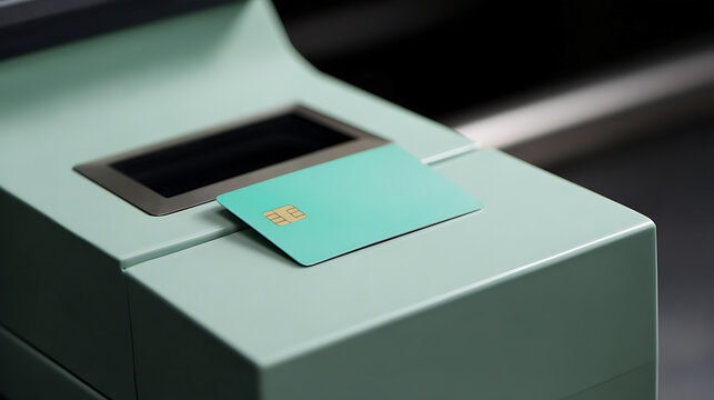 Minimalist shot of a bright turquoise payment card with an EMV chip resting on a modern, light blue-green terminal device