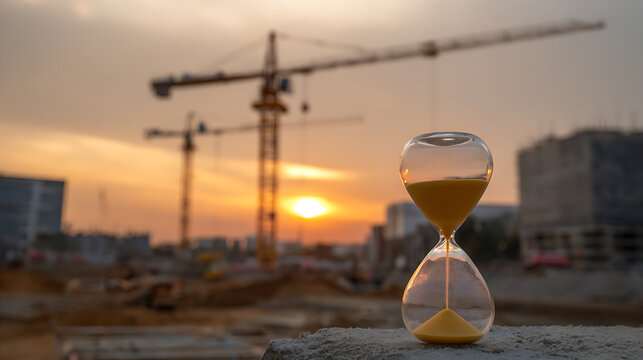 Hourglass on construction site at sunset, symbolizing time, progress, and project deadlines amid an industrial landscape and golden sky