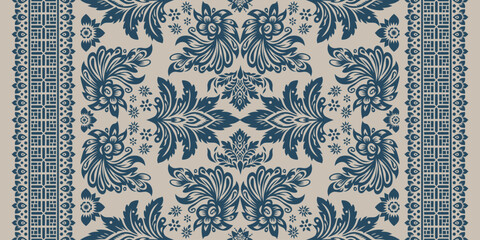 Traditional Indian Paisley Border Seamless Vector Pattern. Vintage Navy Blue Boho Floral Damask Ikat Textile Ornament for Home Decor and Saree Borders. Elegant Baroque Vines for Vintage Fabric Design. © supachai