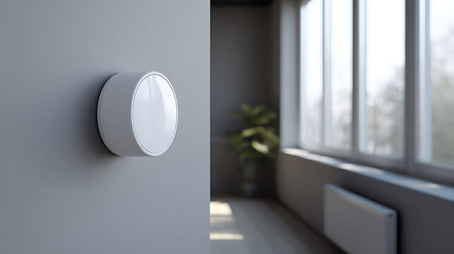 Modern smart home device on a neutral wall in a bright residential interior, showcasing contemporary technology and an energy-efficient environment