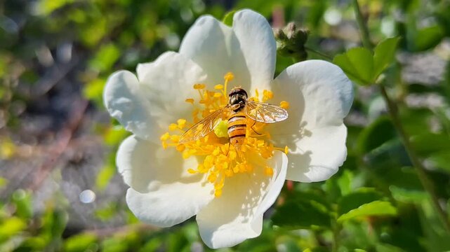 Macro shot of a hoverfly foraging on a five-petal white wildflower with dense yellow stamens in a bright sunny garden.