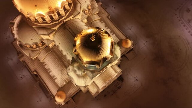 Cinematic aerial drone footage of the illuminated Alexander Nevsky Cathedral on a snowy winter night in Sofia, Bulgaria. The golden domes glow against the dark cityscape while fresh snow blankets the 