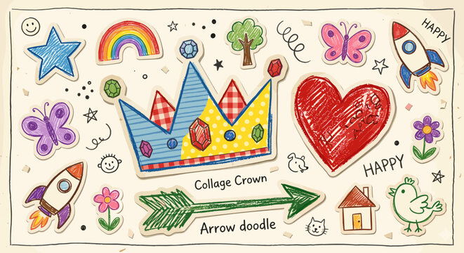 Collection of colorful crayon drawings of whimsical elements on a textured paper background