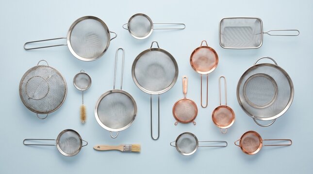 Flat lay collection of various stainless steel fine-mesh strainers and sieves for kitchen use. Generative AI.