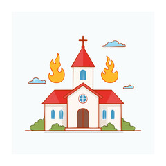 Obraz premium Church Building on Fire with Flames and Clouds