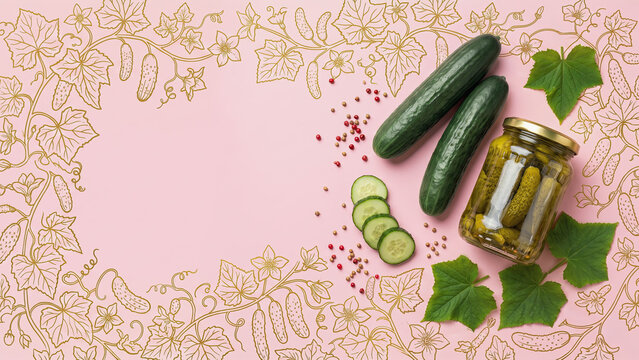 Flat lay of fresh cucumbers, sliced pieces, and a jar of pickles on a pink background with spices. A gold illustrated vine border frames the composition, providing ample copy space.