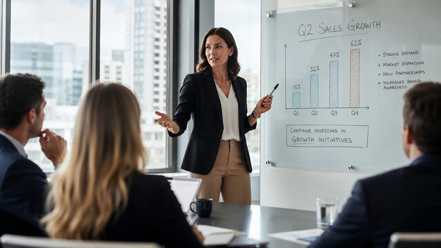 Professional businesswoman presenting quarterly sales growth chart on a modern glass whiteboard