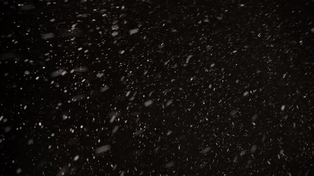 Glistening snowflakes drift gracefully through the night air, creating a mesmerizing winter wonderland on a black canvas. The storm enchants with its beauty