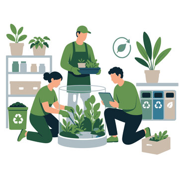 Eco friendly gardening team potting plants together.