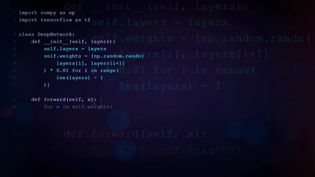 Digital screen displaying scrolling python code for artificial intelligence and deep learning neural network