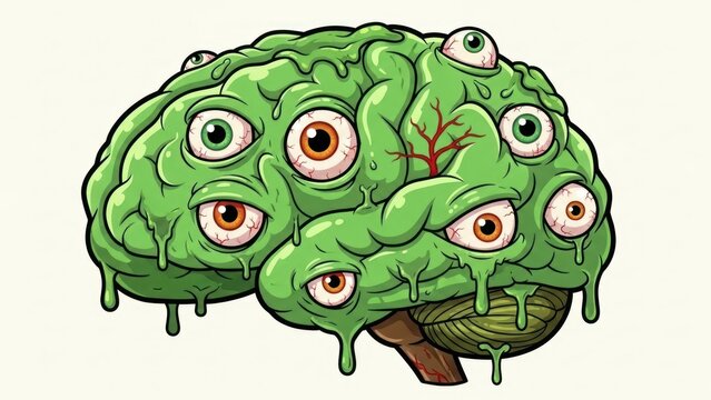 Surreal multi-eyed brain cartoon illustration with dripping green texture and whimsical fantasy elements.