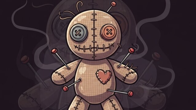 Dark stitched voodoo doll illustration with heart patch and button eyes in a moody background.