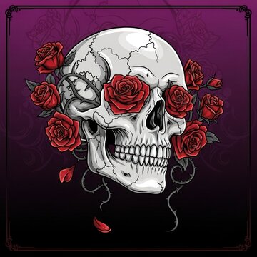 Intricate skull and red roses illustration against a rich purple background.