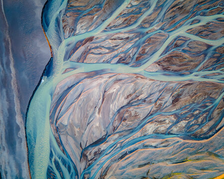 Aerial View of Braided Glacial Rivers and Delta