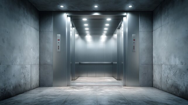 Modern elevator with open doors, bright interior lighting, and metallic walls, situated in a minimalist concrete hallway of a contemporary office building