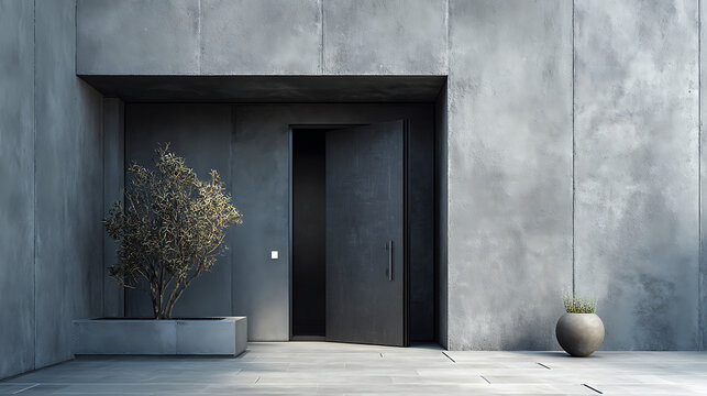 Minimalist concrete entrance with large dark pivot door featuring a potted olive tree and clean architectural lines creating a modern brutalist facade for a luxury home