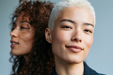 Obraz premium Confident young woman with platinum crop hair and freckled companion in soft light closeup for fashion advertising banner and portrait layout