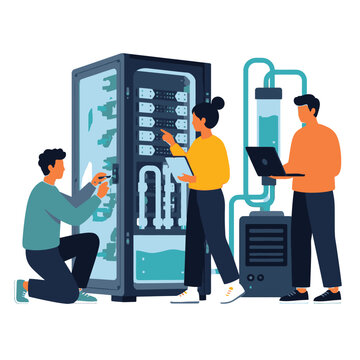 IT technicians installing servers in modern data center.