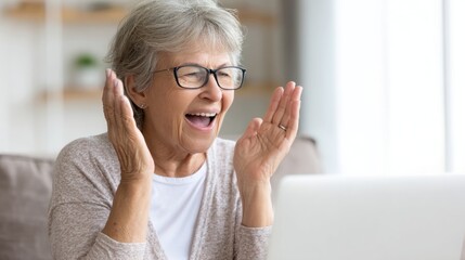Fototapeta premium Senior woman celebrating joyful news during video call on laptop at home. Emotional reaction, connection, support and meaningful moments shared through technology