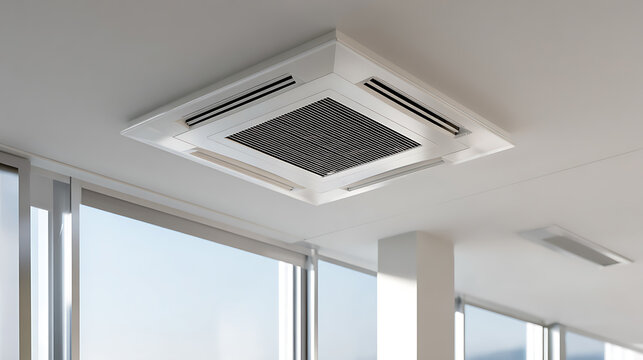 Modern cassette air conditioner unit mounted on a white ceiling in a bright, contemporary office building with large windows and natural light