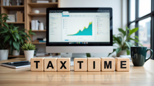 Tax Time reminder for income tax return preparation and filing deadline, helping freelancer and household organize deduction, refund, payroll, receipt and audit record before year end payment due date