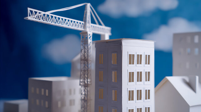 Miniature Paper Cityscape Model with Crane and Buildings, Symbolizing Urban Development, Growth, and Architectural Planning Against Blue Sky