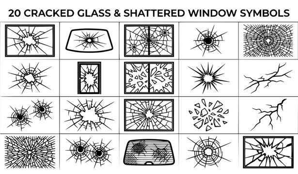 Broken Glass Crack Collection with Shattered Mirror and Windshield Damage Icons