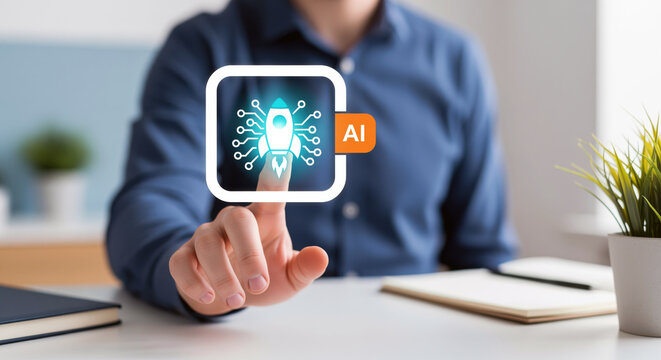 AI startup launch control turns a finger tap into a rocket icon for faster product testing, automation rollout and artificial intelligence growth planning inside a bright team workspace