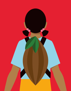 Child Labor in Cocoa Plantations: Schoolbag Replaced by a Cocoa Pod - Red Background