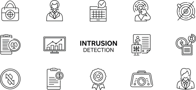 Intrusion Detection Cybersecurity Line Icons Collection Featuring Network Security Monitoring Threat Prevention Access Control Authentication Compliance Protection Systems