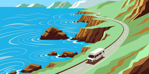 Obraz premium Aerial view illustration of a white camper van driving along a coastal road with cliffs and ocean waves, surrounded by green hills and mountains in the background. Summer travel and adventure concept