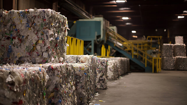 Bales of compressed plastic material ready for reuse and repurpose, showcasing industrial process in recycling plant environment