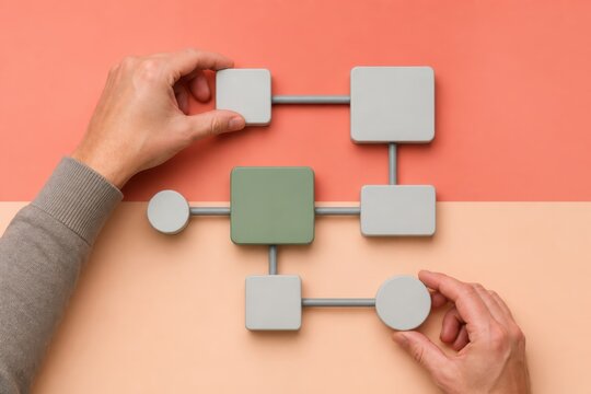Hands arranging modular blocks on a workflow diagram for business planning process mapping and team collaboration