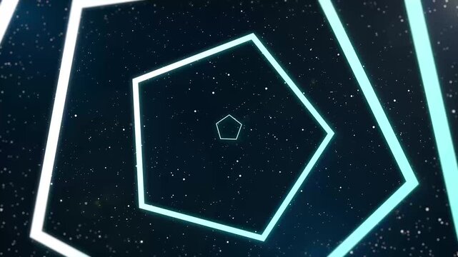Glowing neon pentagon shapes flying through starry space tunnel. Seamless hyperspace warp motion for futuristic design.
