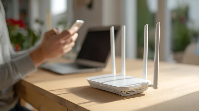 Person use a mobile phone next to a modern wireless router and laptop on a wooden desk, illustrating home network connectivity and communication