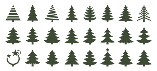 Fototapeta premium Collection of diverse dark green christmas tree silhouettes on white background evergreen pine tree fir tree