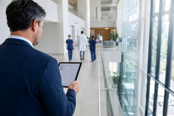 Fototapeta premium Healthcare administrator reviewing secure digital patient records on a tablet in a modern hospital corridor, highlighting healthcare digitalization, data security and efficient medical operations. 