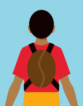 Child Labor in Coffee Plantations: Child Carrying a Coffee Bean Instead of a School Bag - Blue Background