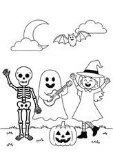 Naklejka premium Halloween characters skeleton ghost witch bat pumpkin moon clouds line